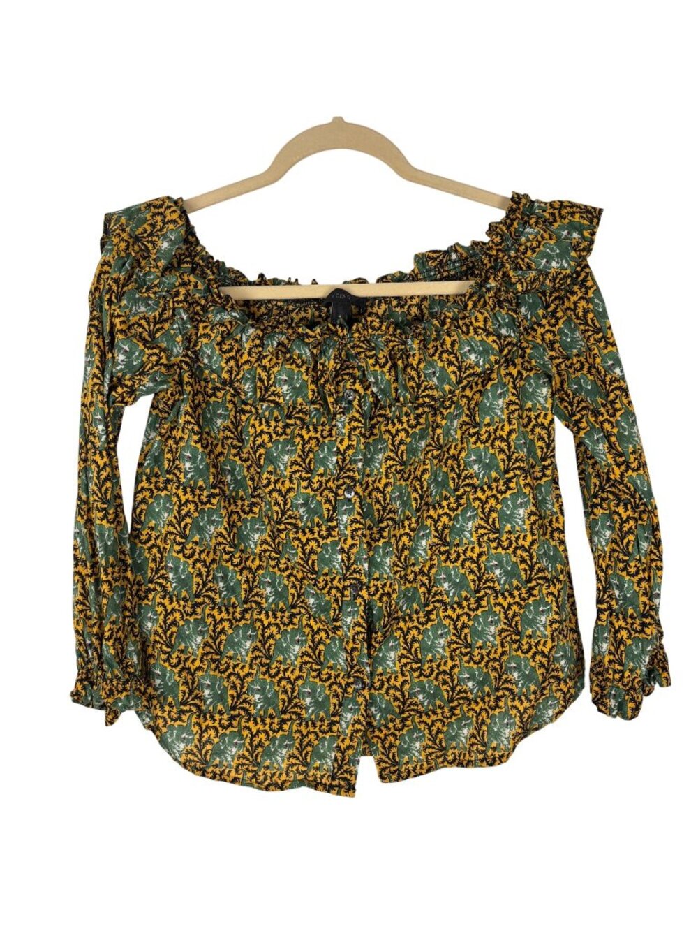 ✨3/$30 J.Crew 4 S Off-Shoulder Elephant Print Blouse Long Sleeve Green Yellow